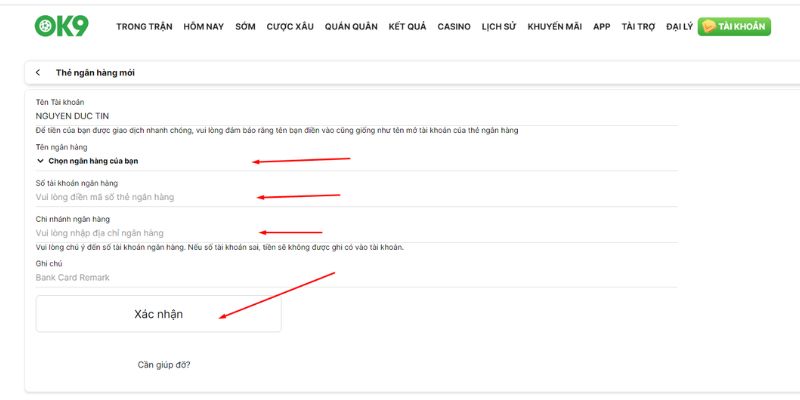 Điền các thông tin để liên kết ngân hàng