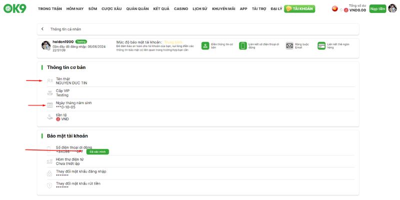 Nhập thông tin cá nhân đầy đủ trước khi nạp tiền OK9